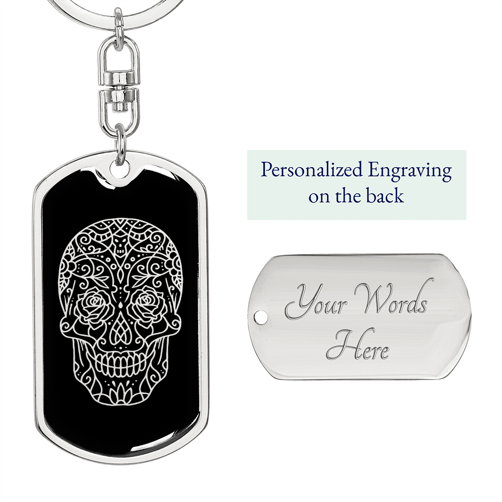 Calavera Mexican Sugar Skull 3 Keychain Stainless Steel or 18k Gold Dog Tag Keyring-Express Your Love Gifts