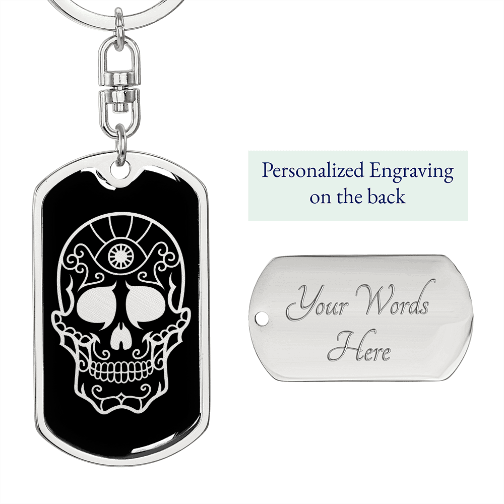 Calavera Mexican Sugar Skull 31 Keychain Stainless Steel or 18k Gold Dog Tag Keyring-Express Your Love Gifts