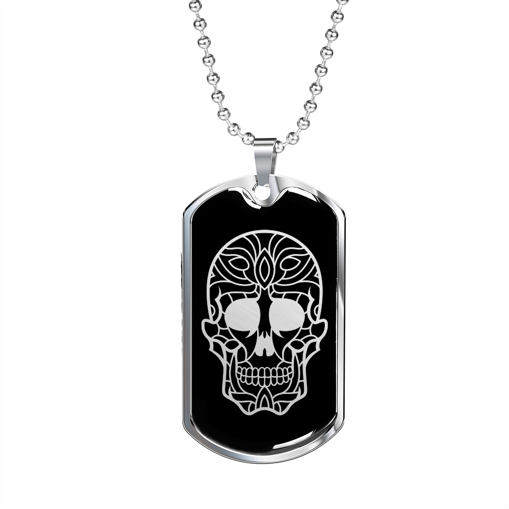 Calavera Mexican Sugar Skull 33 Necklace Stainless Steel or 18k Gold Dog Tag 24" Chain-Express Your Love Gifts