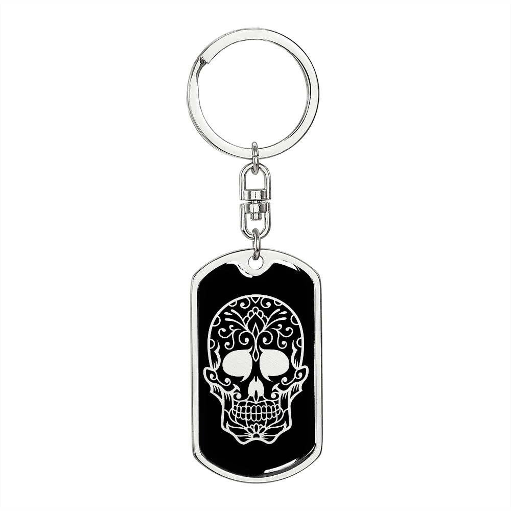 Calavera Mexican Sugar Skull 34 Keychain Stainless Steel or 18k Gold Dog Tag Keyring-Express Your Love Gifts