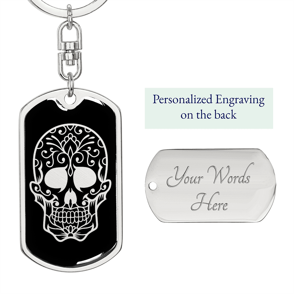 Calavera Mexican Sugar Skull 34 Keychain Stainless Steel or 18k Gold Dog Tag Keyring-Express Your Love Gifts