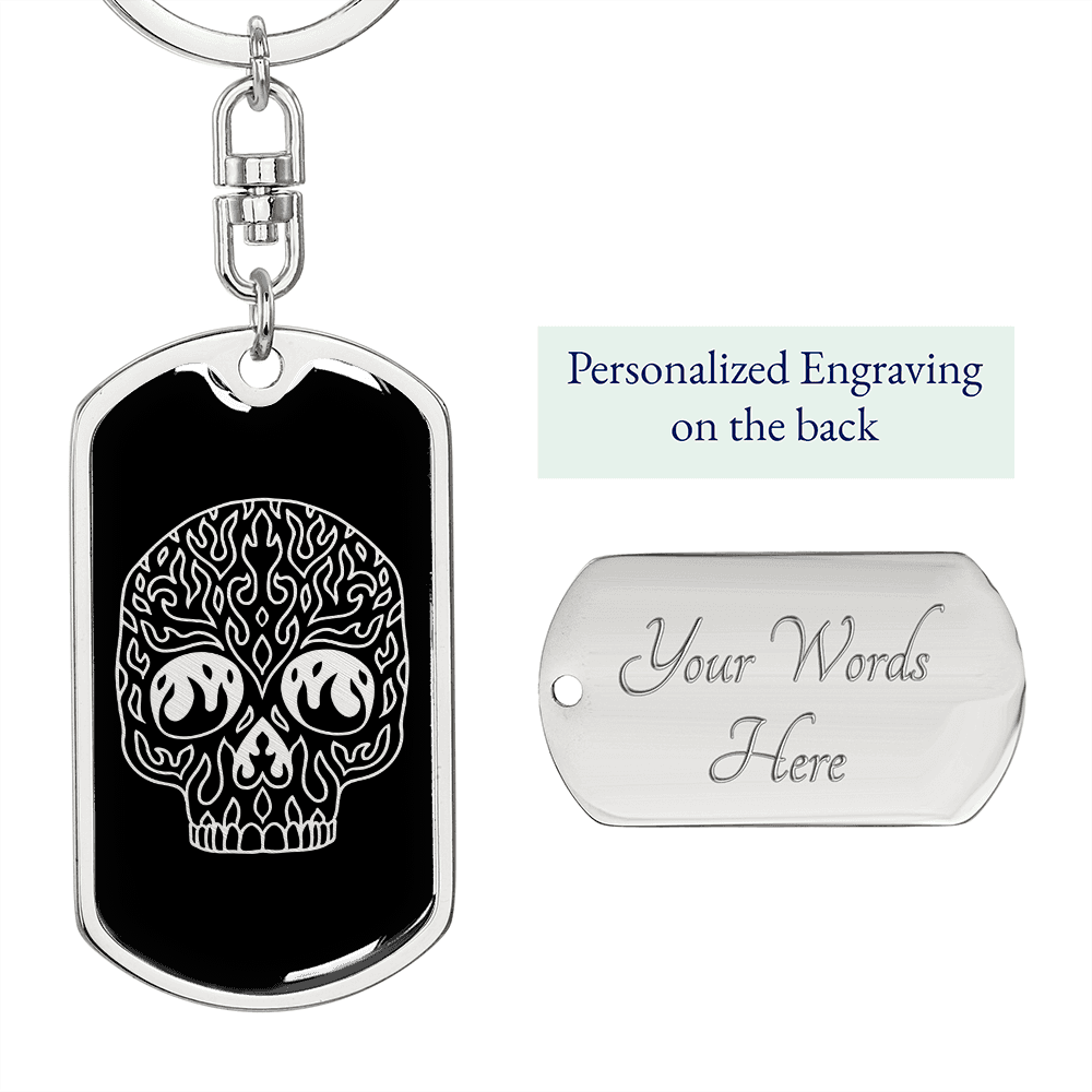 Calavera Mexican Sugar Skull 35 Keychain Stainless Steel or 18k Gold Dog Tag Keyring-Express Your Love Gifts