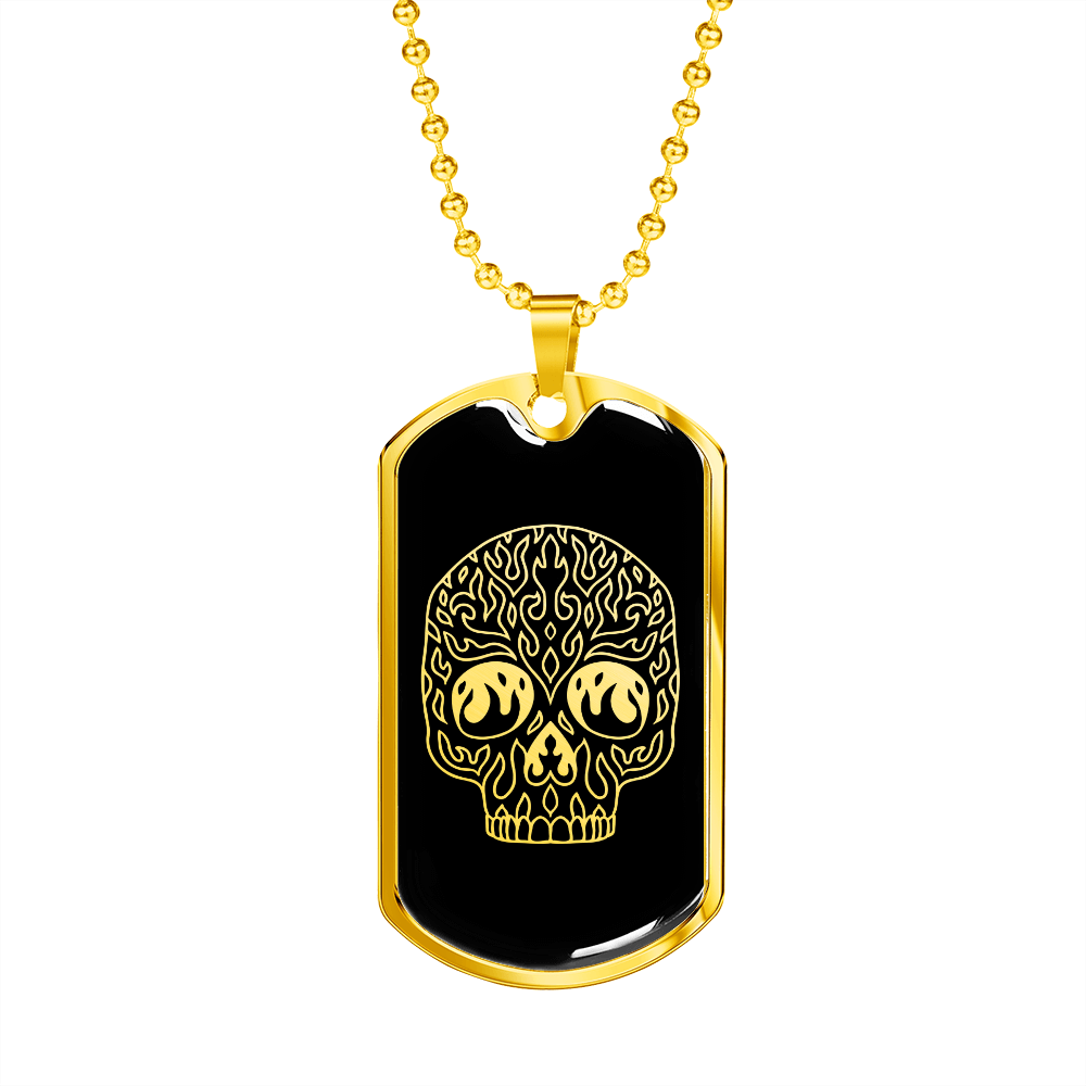 Calavera Mexican Sugar Skull 35 Necklace Stainless Steel or 18k Gold Dog Tag 24" Chain-Express Your Love Gifts