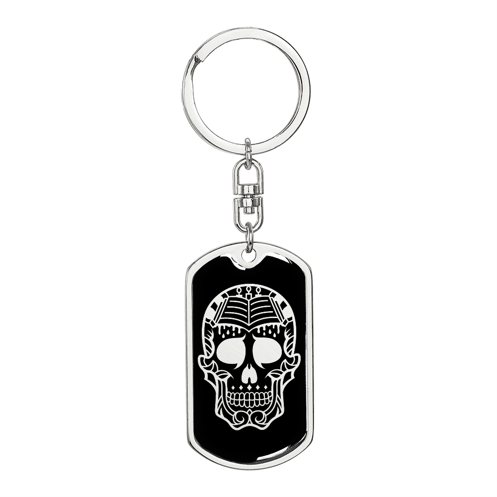 Calavera Mexican Sugar Skull 36 Keychain Stainless Steel or 18k Gold Dog Tag Keyring-Express Your Love Gifts