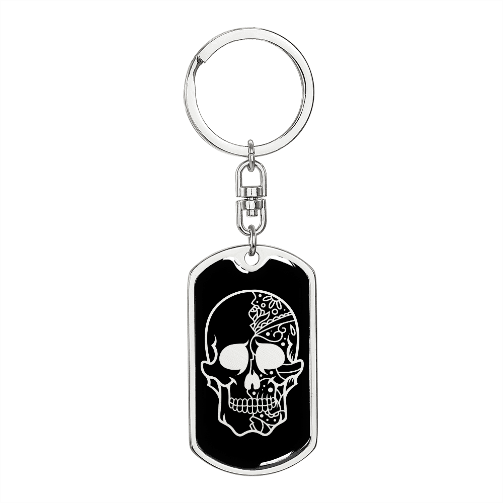 Calavera Mexican Sugar Skull 37 Keychain Stainless Steel or 18k Gold Dog Tag Keyring-Express Your Love Gifts