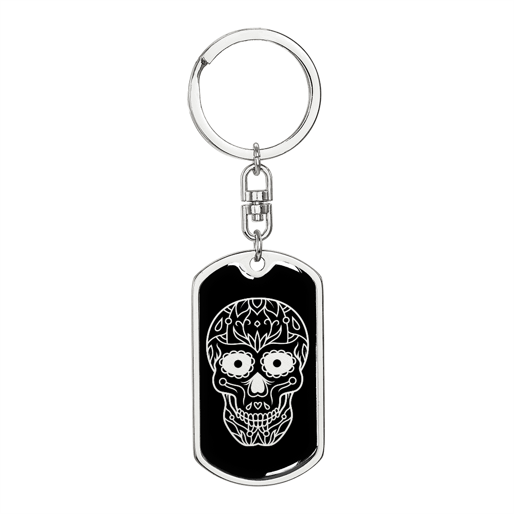 Calavera Mexican Sugar Skull 4 Keychain Stainless Steel or 18k Gold Dog Tag Keyring-Express Your Love Gifts