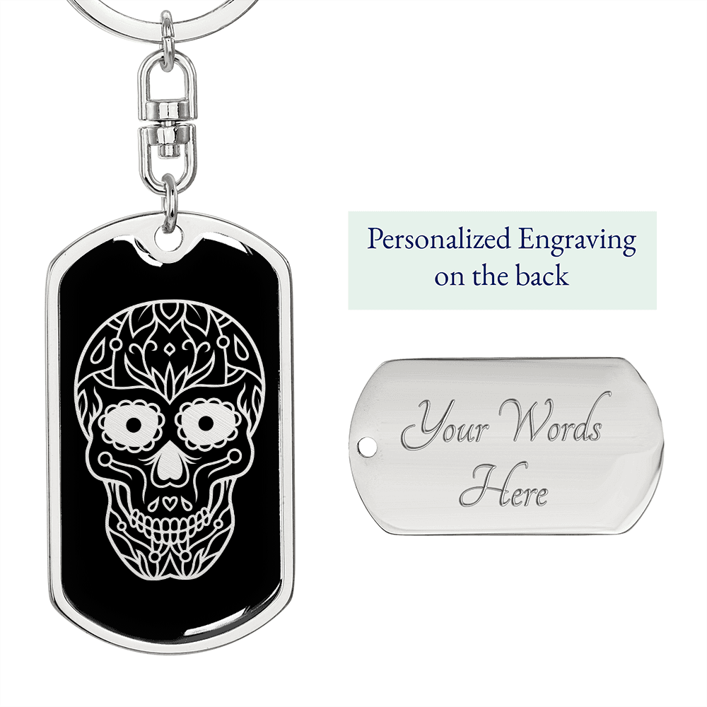 Calavera Mexican Sugar Skull 4 Keychain Stainless Steel or 18k Gold Dog Tag Keyring-Express Your Love Gifts
