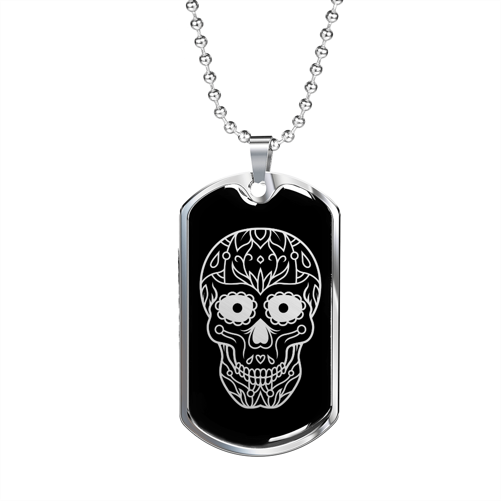 Calavera Mexican Sugar Skull 4 Necklace Stainless Steel or 18k Gold Dog Tag 24" Chain-Express Your Love Gifts