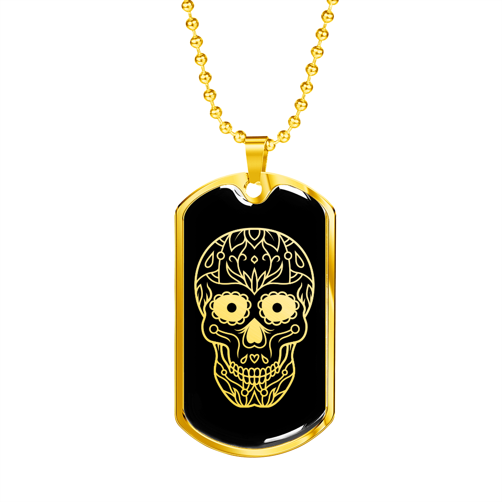 Calavera Mexican Sugar Skull 4 Necklace Stainless Steel or 18k Gold Dog Tag 24" Chain-Express Your Love Gifts