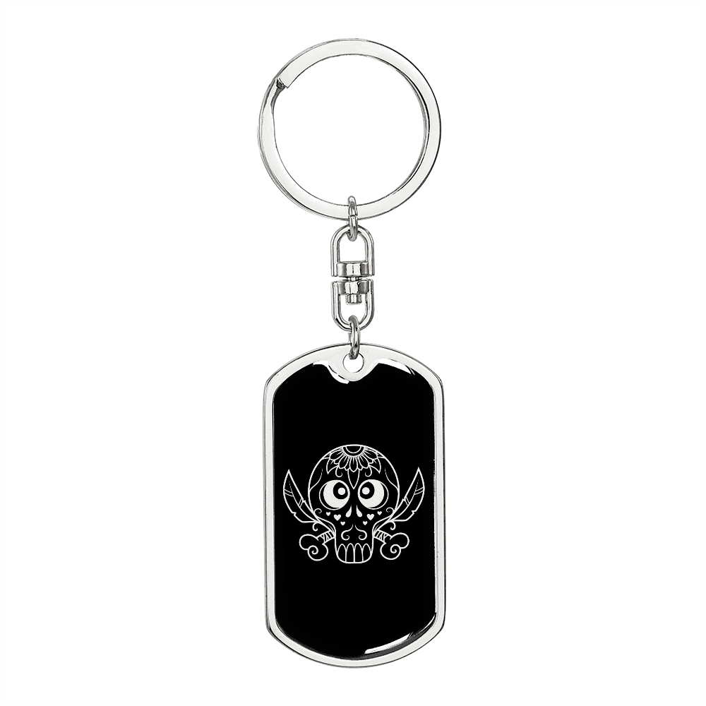 Calavera Mexican Sugar Skull 43 Keychain Stainless Steel or 18k Gold Dog Tag Keyring-Express Your Love Gifts