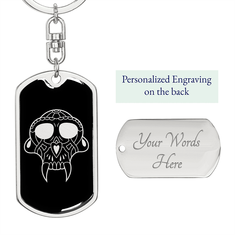 Calavera Mexican Sugar Skull 48 Keychain Stainless Steel or 18k Gold Dog Tag Keyring-Express Your Love Gifts