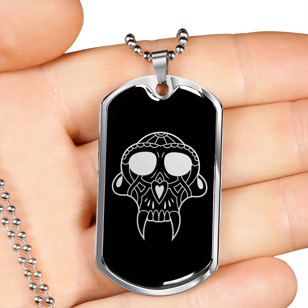 Calavera Mexican Sugar Skull 48 Necklace Stainless Steel or 18k Gold Dog Tag 24" Chain-Express Your Love Gifts