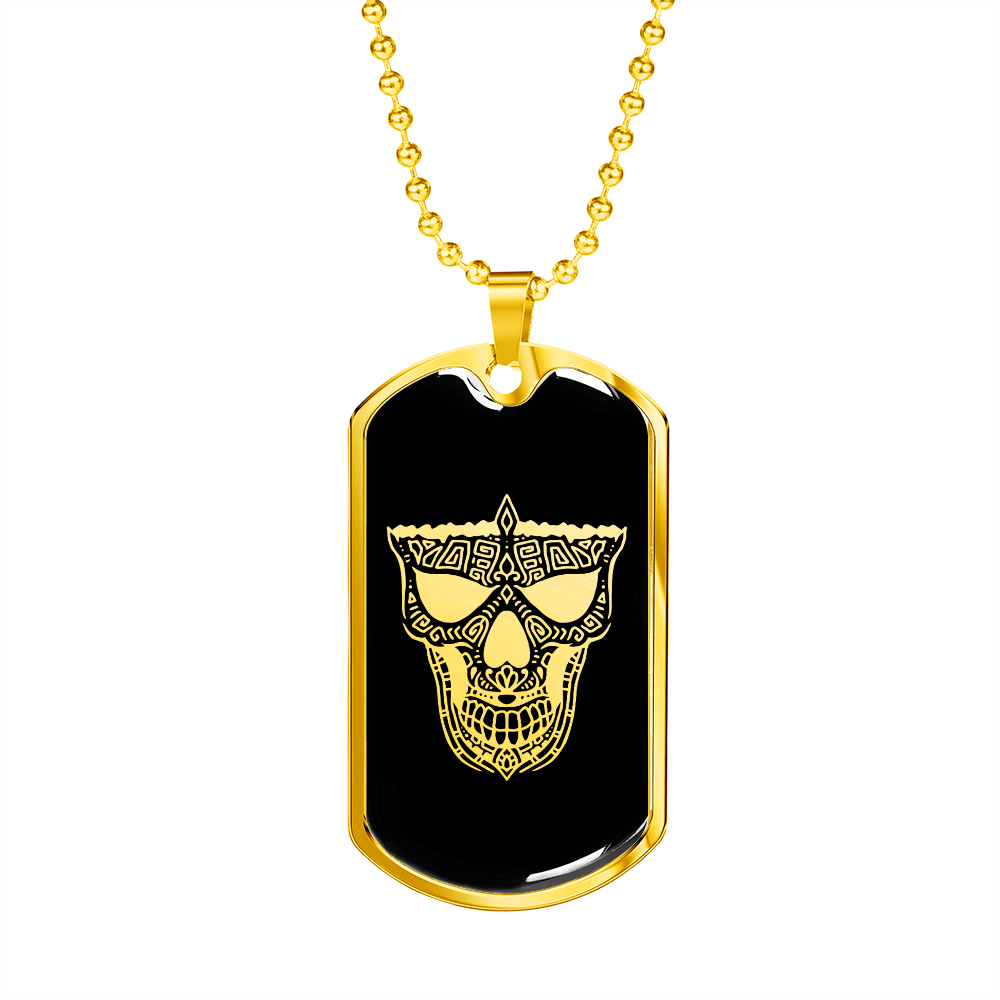Calavera Mexican Sugar Skull 49 Necklace Stainless Steel or 18k Gold Dog Tag 24" Chain-Express Your Love Gifts