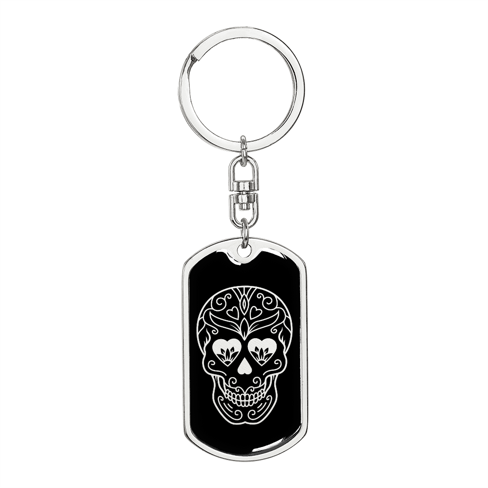 Calavera Mexican Sugar Skull 5 Keychain Stainless Steel or 18k Gold Dog Tag Keyring-Express Your Love Gifts