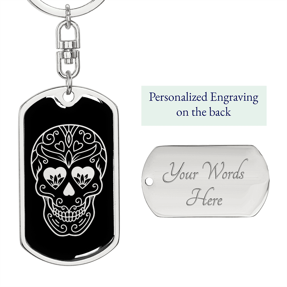 Calavera Mexican Sugar Skull 5 Keychain Stainless Steel or 18k Gold Dog Tag Keyring-Express Your Love Gifts