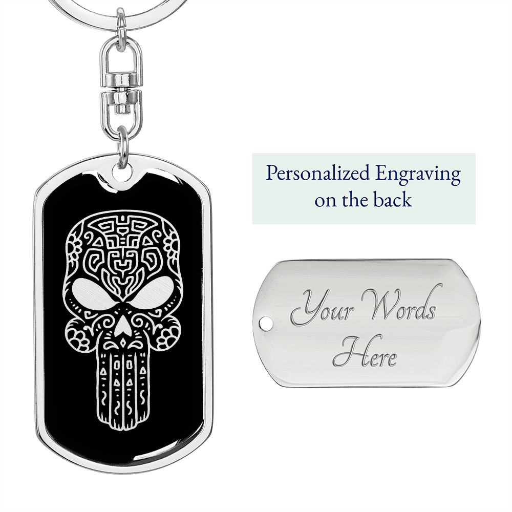 Calavera Mexican Sugar Skull 51 Keychain Stainless Steel or 18k Gold Dog Tag Keyring-Express Your Love Gifts