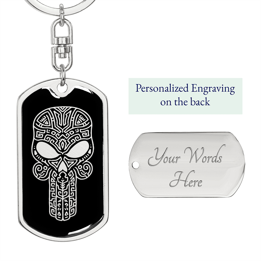Calavera Mexican Sugar Skull 52 Keychain Stainless Steel or 18k Gold Dog Tag Keyring-Express Your Love Gifts