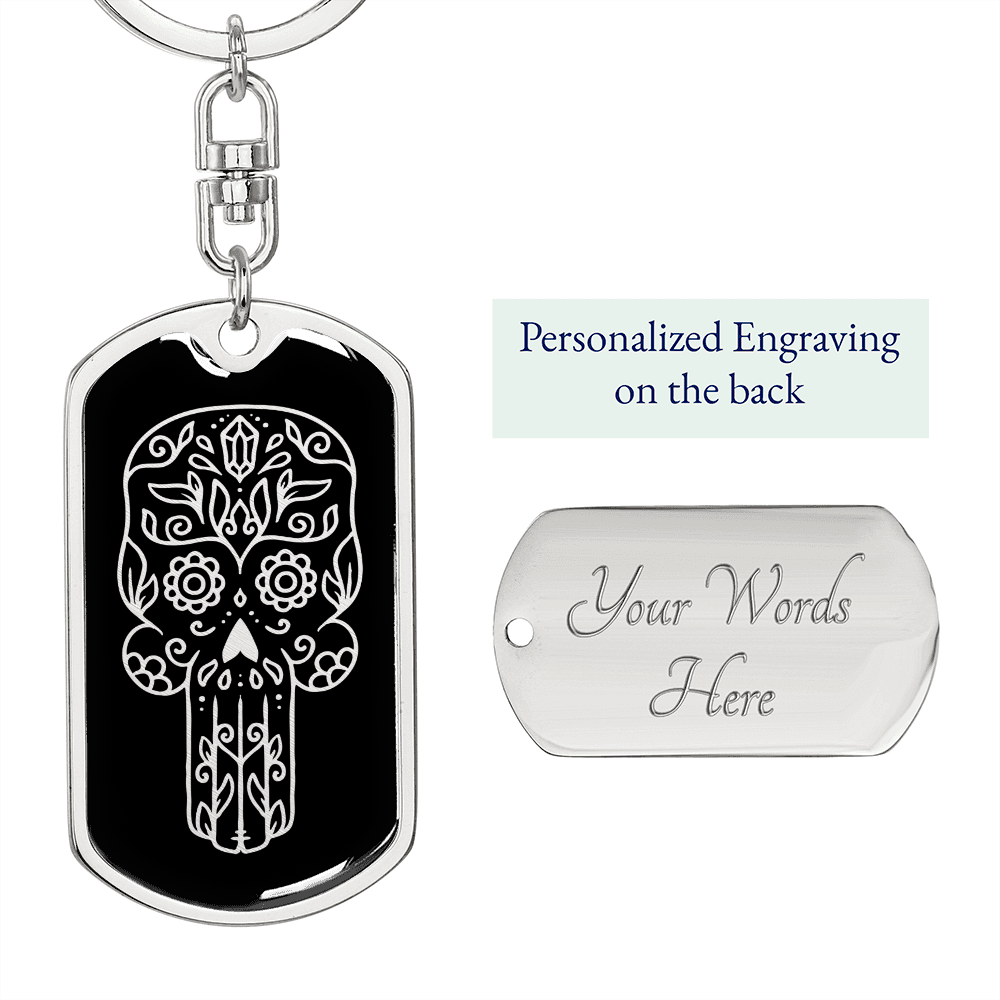 Calavera Mexican Sugar Skull 56 Keychain Stainless Steel or 18k Gold Dog Tag Keyring-Express Your Love Gifts
