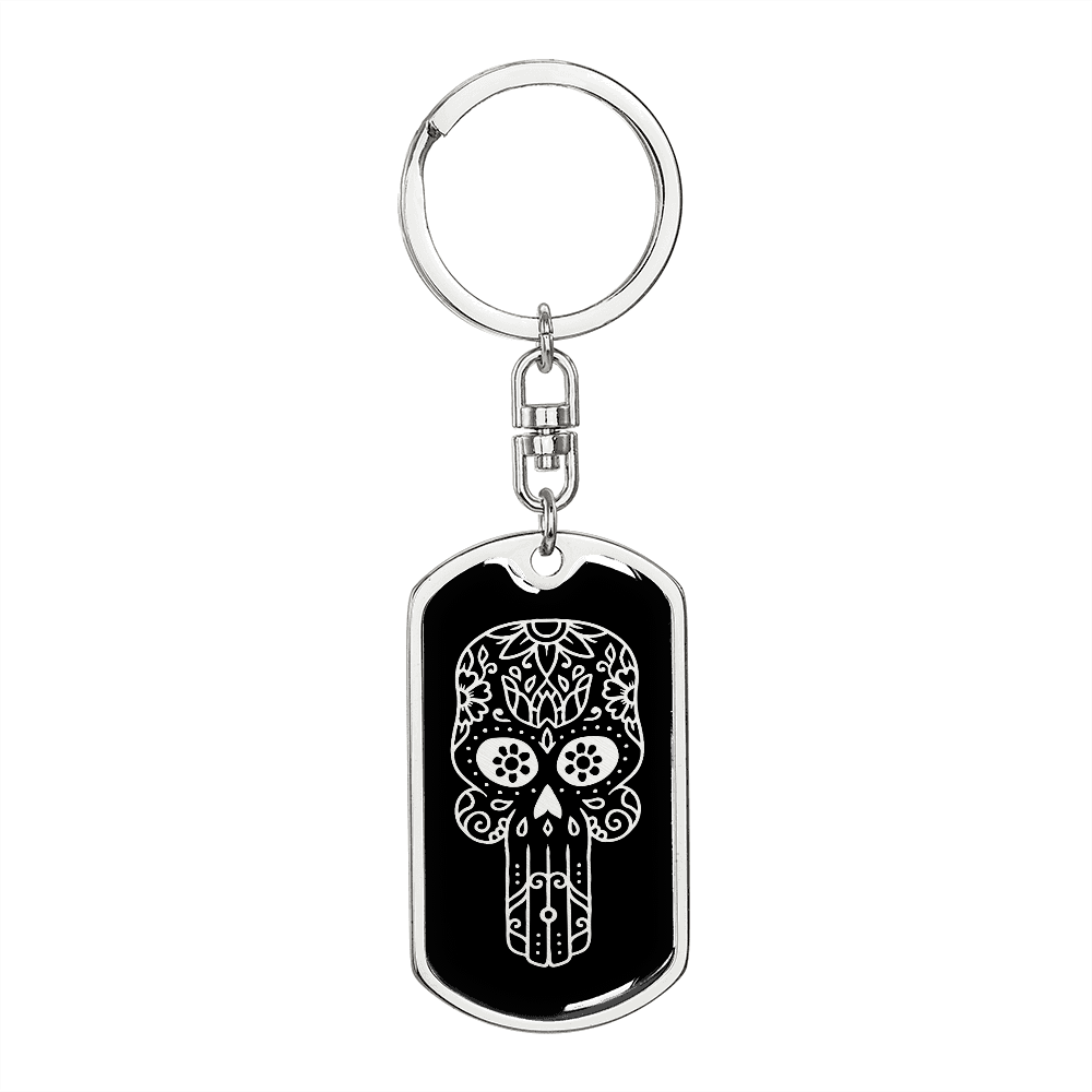 Calavera Mexican Sugar Skull 57 Keychain Stainless Steel or 18k Gold Dog Tag Keyring-Express Your Love Gifts