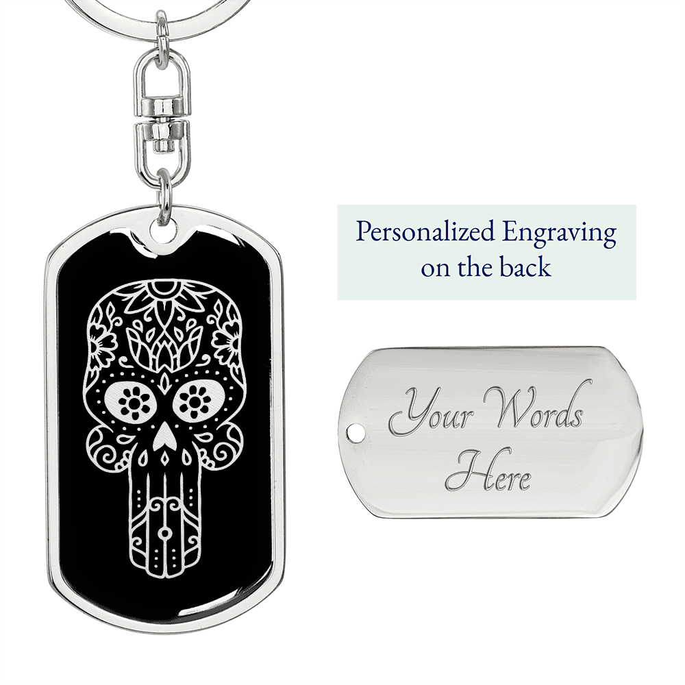 Calavera Mexican Sugar Skull 57 Keychain Stainless Steel or 18k Gold Dog Tag Keyring-Express Your Love Gifts