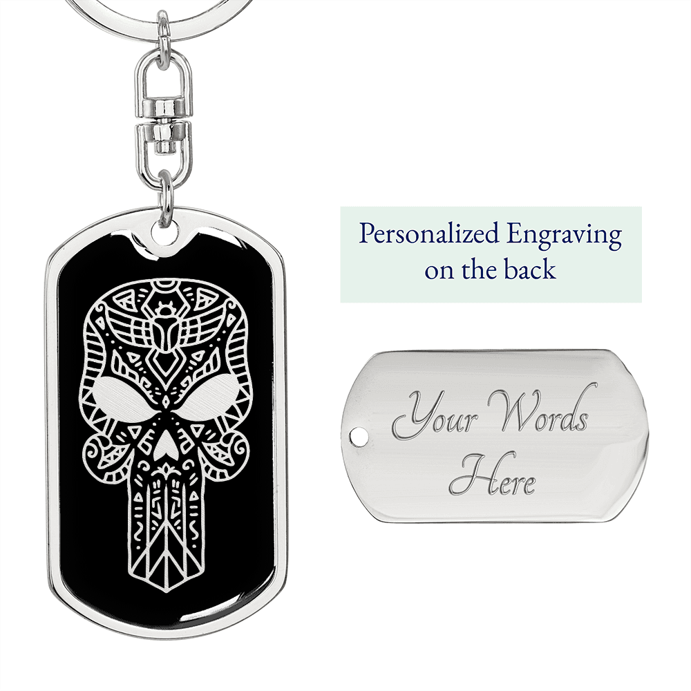 Calavera Mexican Sugar Skull 60 Keychain Stainless Steel or 18k Gold Dog Tag Keyring-Express Your Love Gifts