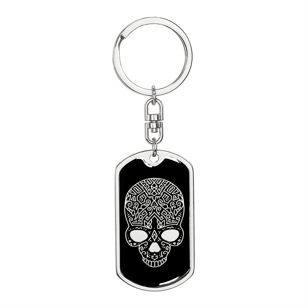 Calavera Mexican Sugar Skull 62 Keychain Stainless Steel or 18k Gold Dog Tag Keyring-Express Your Love Gifts