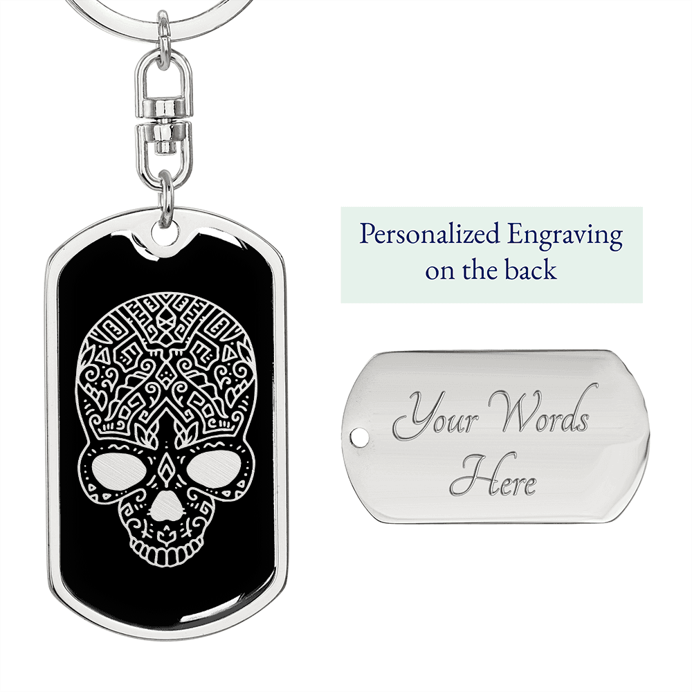 Calavera Mexican Sugar Skull 62 Keychain Stainless Steel or 18k Gold Dog Tag Keyring-Express Your Love Gifts