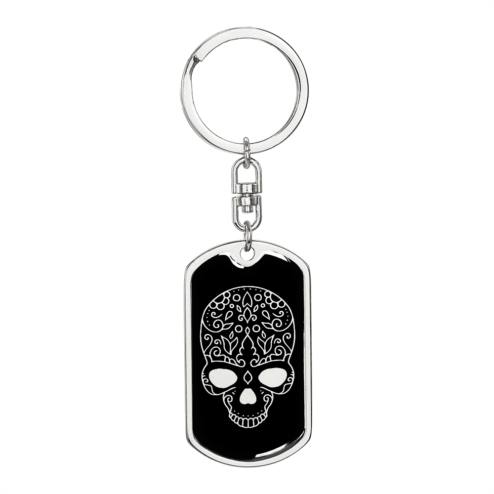 Calavera Mexican Sugar Skull 63 Keychain Stainless Steel or 18k Gold Dog Tag Keyring-Express Your Love Gifts