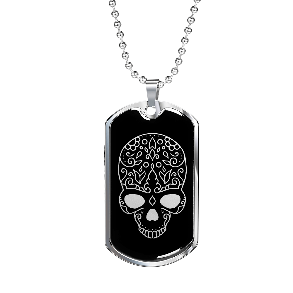 Calavera Mexican Sugar Skull 63 Necklace Stainless Steel or 18k Gold Dog Tag 24" Chain-Express Your Love Gifts