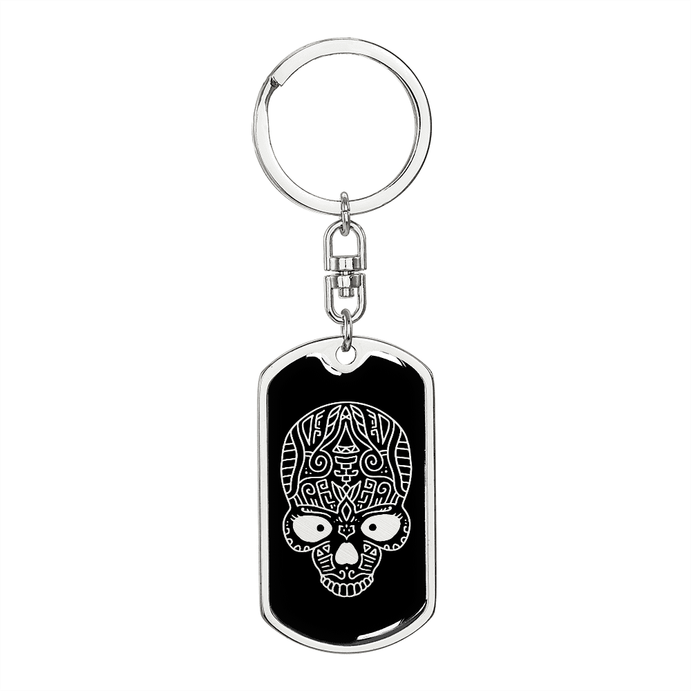 Calavera Mexican Sugar Skull 65 Keychain Stainless Steel or 18k Gold Dog Tag Keyring-Express Your Love Gifts