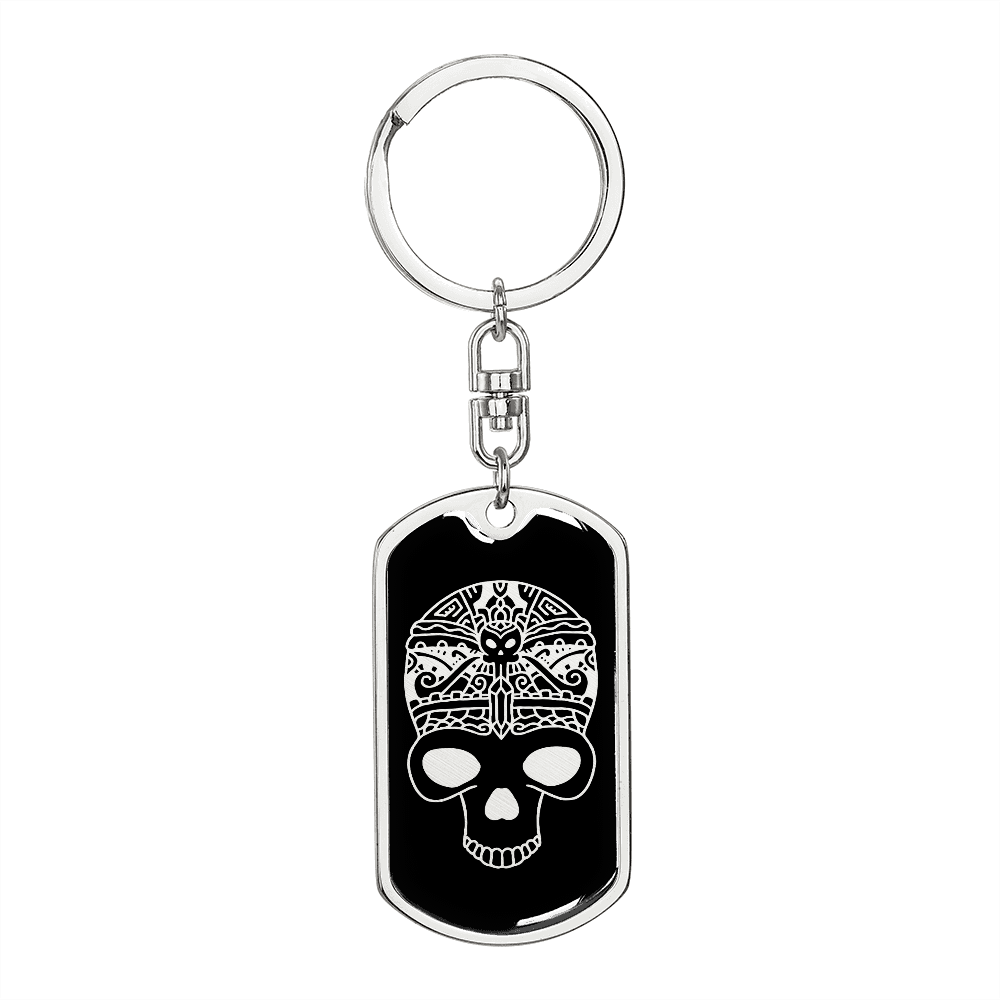 Calavera Mexican Sugar Skull 67 Keychain Stainless Steel or 18k Gold Dog Tag Keyring-Express Your Love Gifts