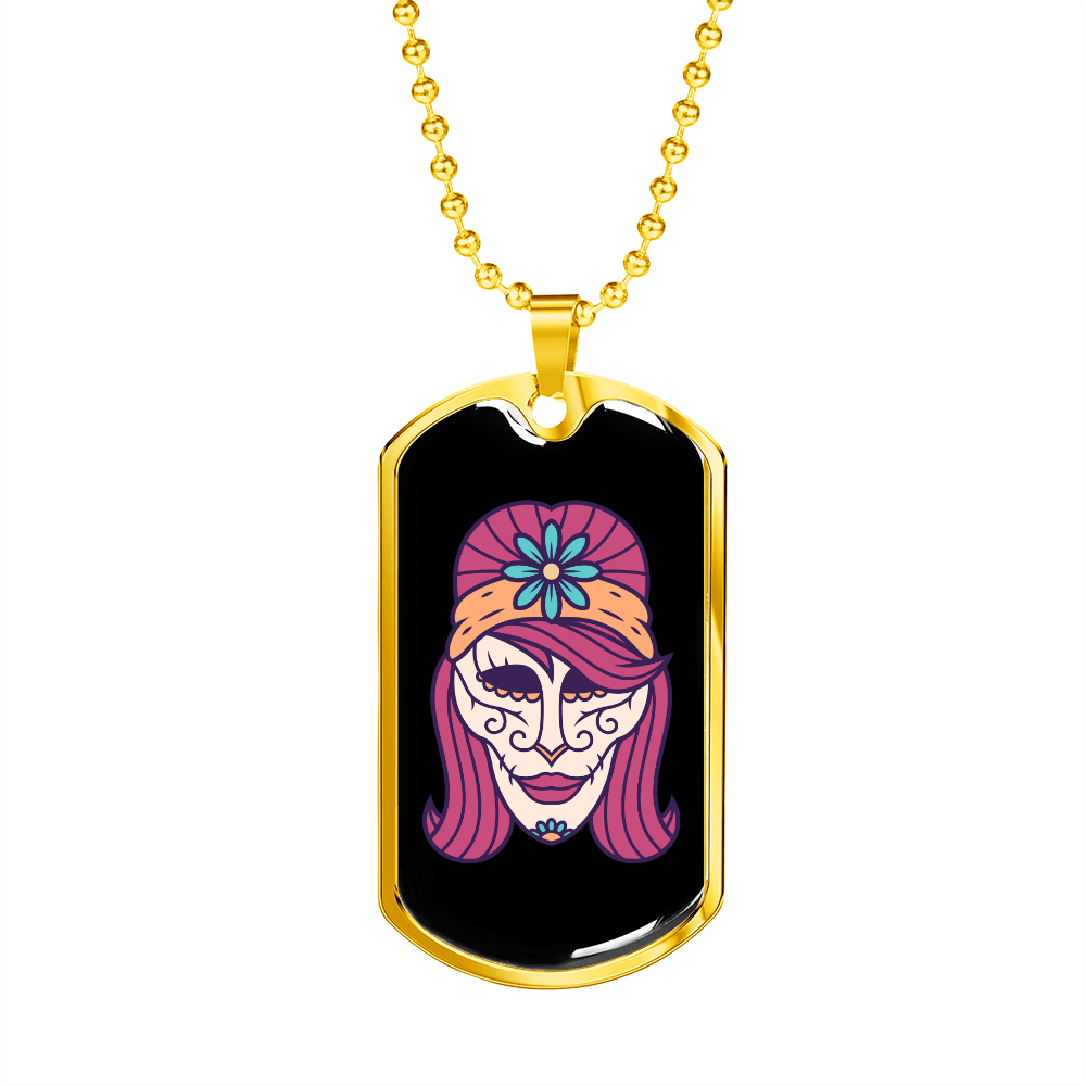 Calavera Mexican Sugar Skull 8 Color Necklace Stainless Steel or 18k Gold Dog Tag 24" Chain-Express Your Love Gifts