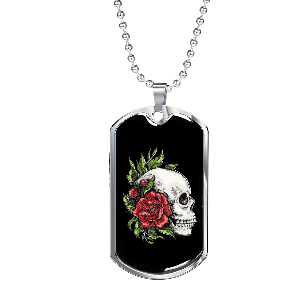 Calavera Mexican Sugar Skull and Roses Necklace Stainless Steel or 18k Gold Dog Tag 24" Chain-Express Your Love Gifts