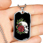 Calavera Mexican Sugar Skull and Roses Necklace Stainless Steel or 18k Gold Dog Tag 24" Chain-Express Your Love Gifts