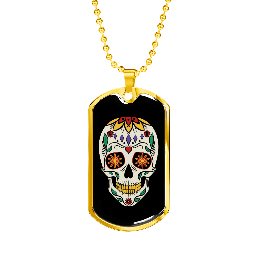 Calavera Mexican Sugar Skull Head Necklace Stainless Steel or 18k Gold Dog Tag 24" Chain-Express Your Love Gifts