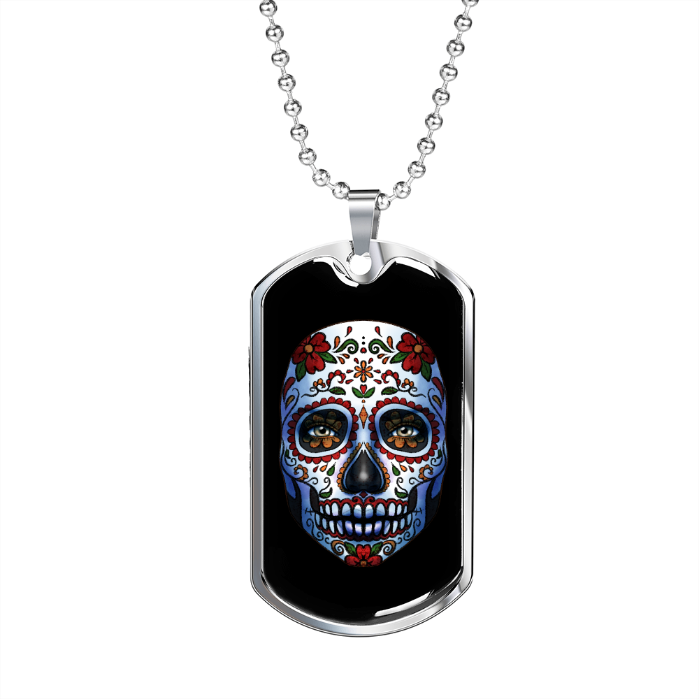 Calavera Mexican Sugar Skull Red Flower Necklace Stainless Steel or 18k Gold Dog Tag 24" Chain-Express Your Love Gifts