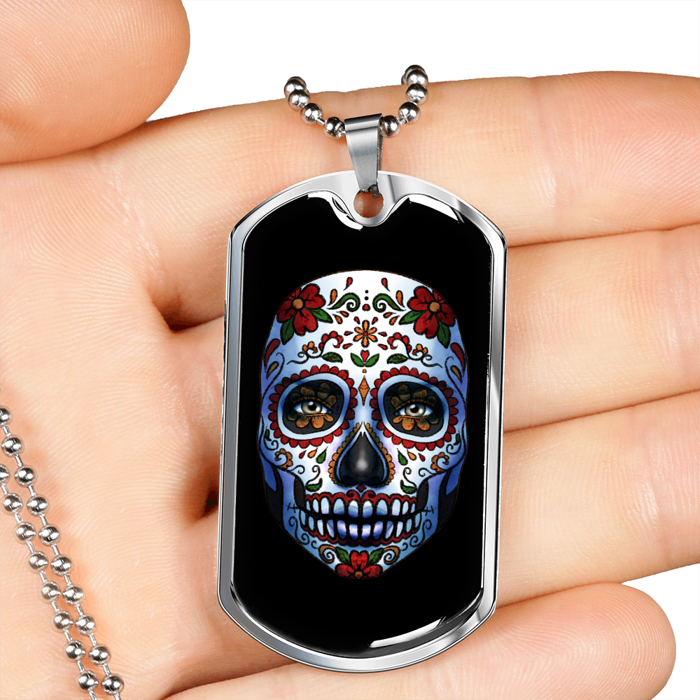 Calavera Mexican Sugar Skull Red Flower Necklace Stainless Steel or 18k Gold Dog Tag 24" Chain-Express Your Love Gifts