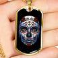 Calavera Mexican Sugar Skull Red Flower Necklace Stainless Steel or 18k Gold Dog Tag 24" Chain-Express Your Love Gifts