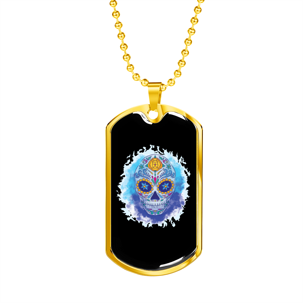 Calavera Mexican Sugar Skull Watercolor Necklace Stainless Steel or 18k Gold Dog Tag 24" Chain-Express Your Love Gifts