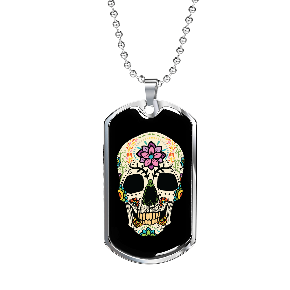 Calavera Mexican Sugar Skull With Flowers Necklace Stainless Steel or 18k Gold Dog Tag 24" Chain-Express Your Love Gifts