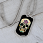 Calavera Mexican Sugar Skull With Flowers Necklace Stainless Steel or 18k Gold Dog Tag 24" Chain-Express Your Love Gifts