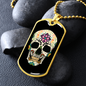 Calavera Mexican Sugar Skull With Flowers Necklace Stainless Steel or 18k Gold Dog Tag 24" Chain-Express Your Love Gifts