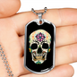 Calavera Mexican Sugar Skull With Flowers Necklace Stainless Steel or 18k Gold Dog Tag 24" Chain-Express Your Love Gifts