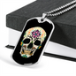 Calavera Mexican Sugar Skull With Flowers Necklace Stainless Steel or 18k Gold Dog Tag 24" Chain-Express Your Love Gifts