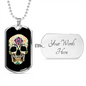 Calavera Mexican Sugar Skull With Flowers Necklace Stainless Steel or 18k Gold Dog Tag 24" Chain-Express Your Love Gifts