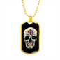 Calavera Mexican Sugar Skull With Flowers Necklace Stainless Steel or 18k Gold Dog Tag 24" Chain-Express Your Love Gifts