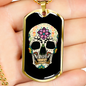 Calavera Mexican Sugar Skull With Flowers Necklace Stainless Steel or 18k Gold Dog Tag 24" Chain-Express Your Love Gifts