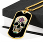 Calavera Mexican Sugar Skull With Flowers Necklace Stainless Steel or 18k Gold Dog Tag 24" Chain-Express Your Love Gifts