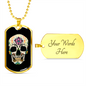 Calavera Mexican Sugar Skull With Flowers Necklace Stainless Steel or 18k Gold Dog Tag 24" Chain-Express Your Love Gifts