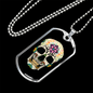 Calavera Mexican Sugar Skull With Flowers Necklace Stainless Steel or 18k Gold Dog Tag 24" Chain-Express Your Love Gifts
